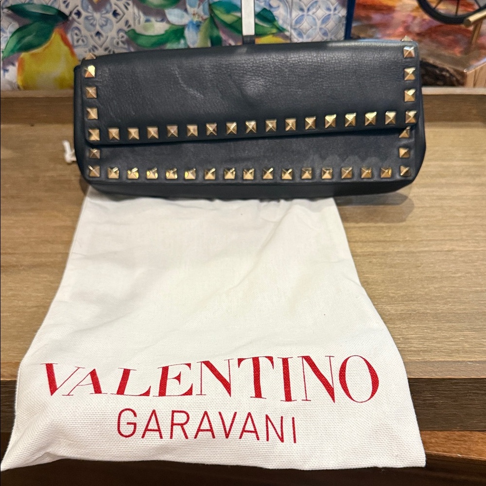 Valentino Garavani Dark Gray Clutch with Gold Studs